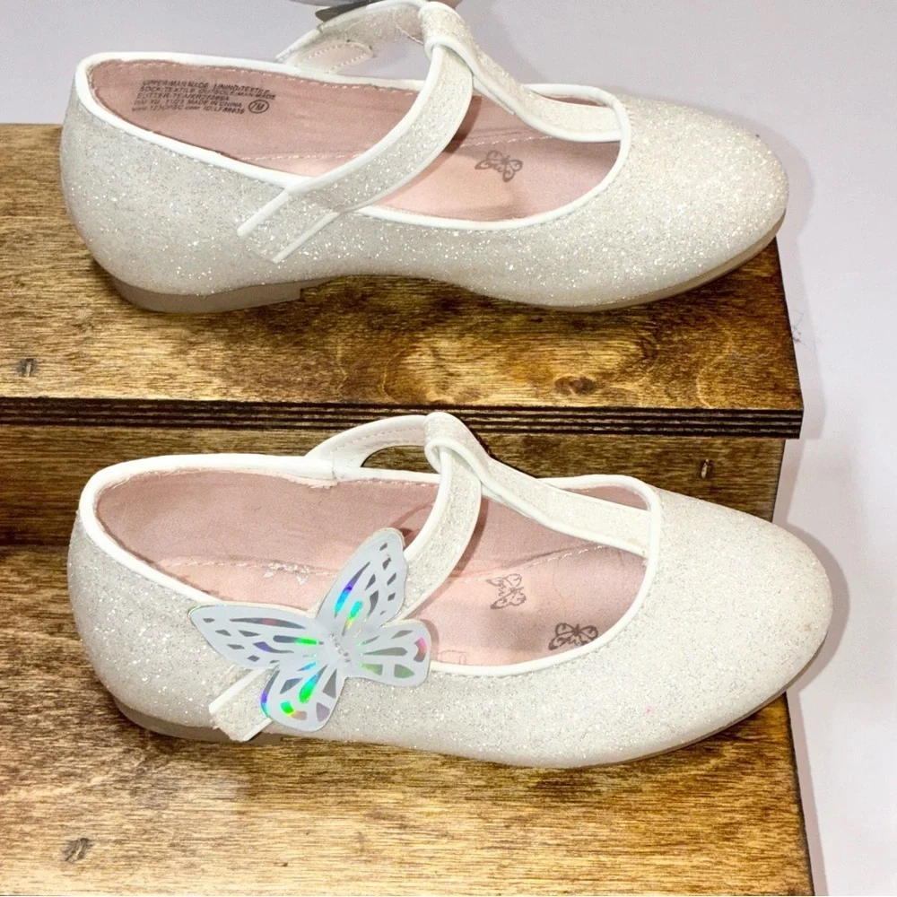 Toddler White Glitter Mary Jane Size 7 shoes sparkles Butterfly
